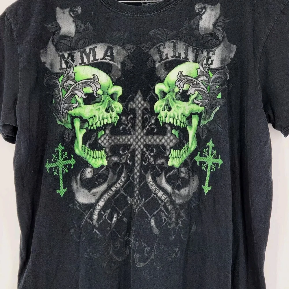 MMA Elite Men’s Size XL Y2K Grunge Skull Cross Double Sided Graphic Shirt Biker